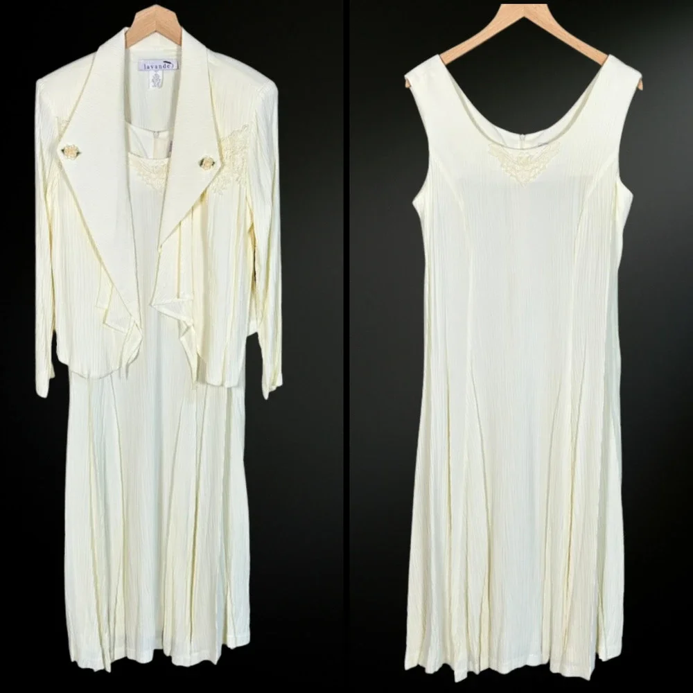 Vintage Lavende Womens Midi Dress & Jacket Size 14 Cottagecore Modest Crinkle - Picture 1 of 9